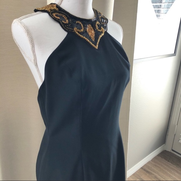 Vintage Black Gold Sequined Beaded Cocktail Dress - Picture 4 of 8